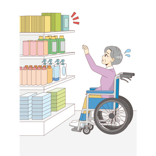 品物に手が届かず困っている車椅子の女性高齢者（バリアフリー/福祉用具）のイラスト