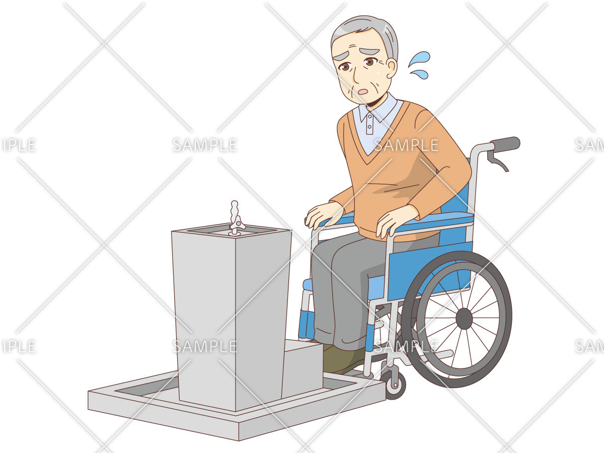 水が飲めず困っている車椅子の男性高齢者（バリアフリー/福祉用具）のイラスト