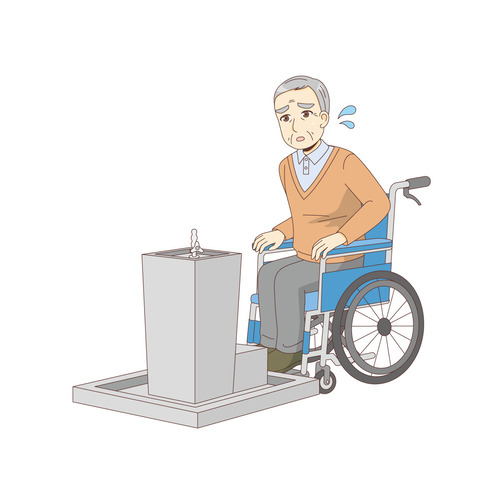水が飲めず困っている車椅子の男性高齢者（バリアフリー/福祉用具）のイラスト