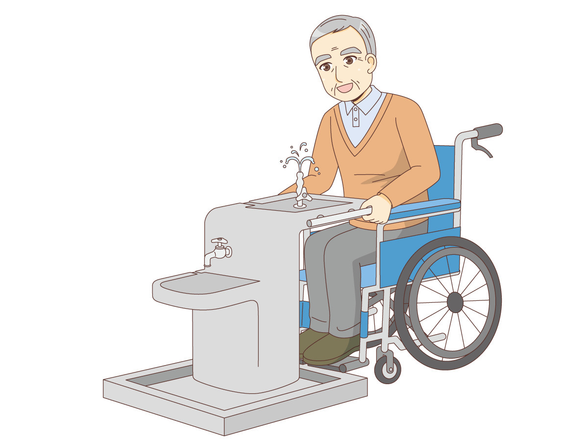 水飲み場で水を飲む車椅子の男性高齢者 バリアフリー 福祉用具 の無料イラスト 介護アンテナ