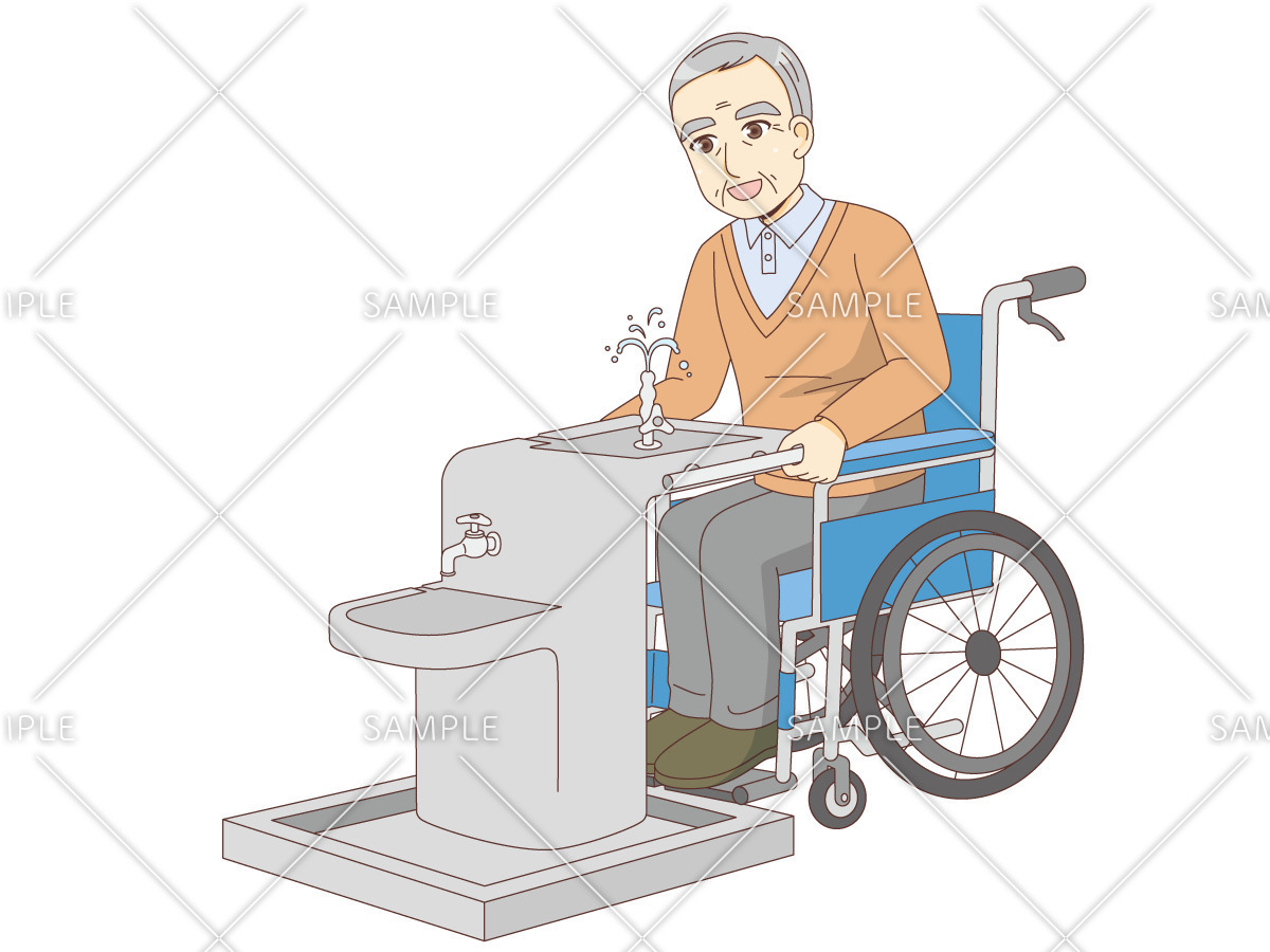 水飲み場で水を飲む車椅子の男性高齢者（バリアフリー/福祉用具）のイラスト