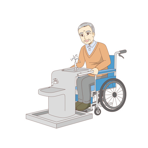 水飲み場で水を飲む車椅子の男性高齢者（バリアフリー/福祉用具）のイラスト