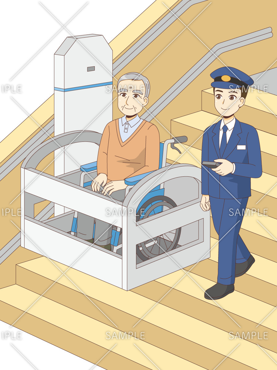 車椅子用階段昇降機を利用している男性高齢者（バリアフリー/福祉用具）のイラスト
