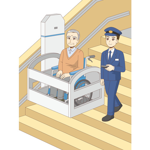 車椅子用階段昇降機を利用している男性高齢者（バリアフリー/福祉用具）のイラスト