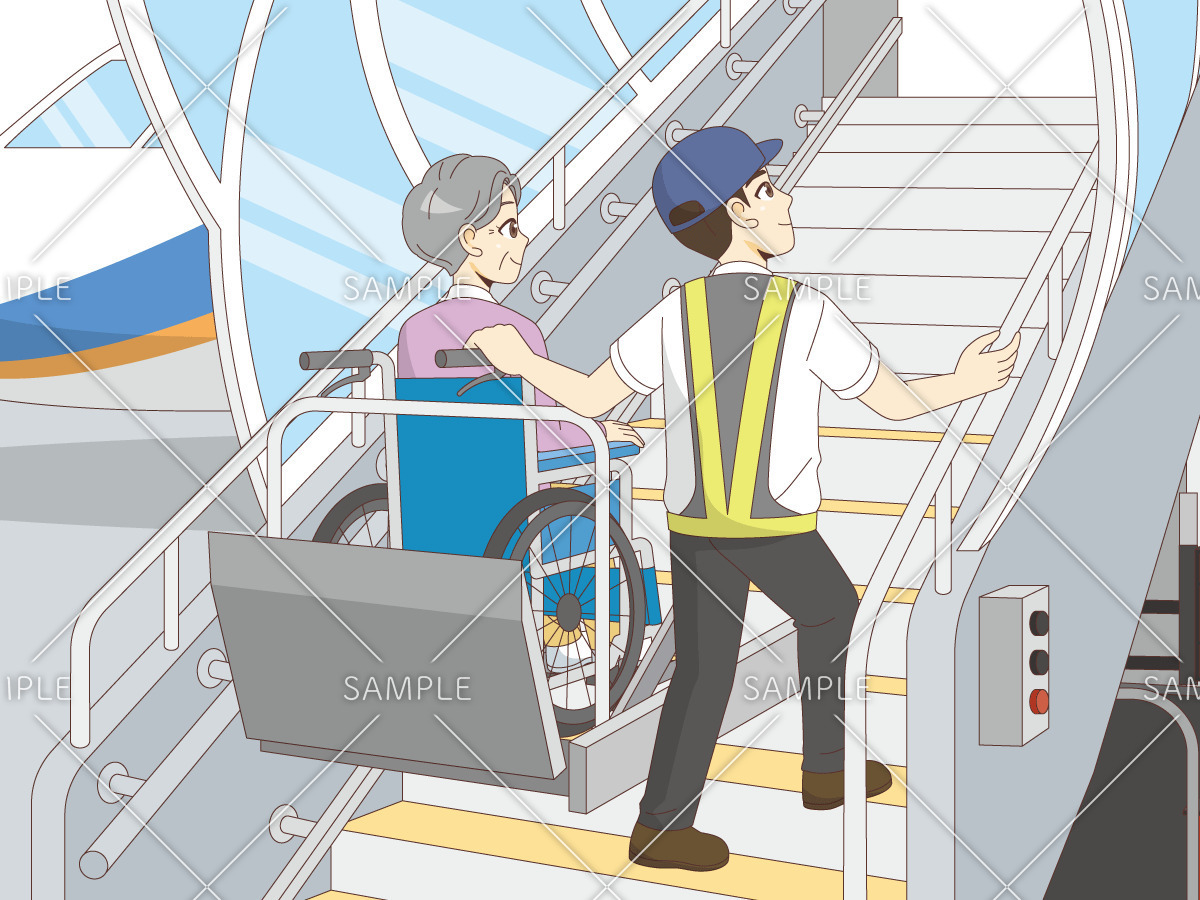 飛行機に乗る車椅子の女性高齢者（バリアフリー/福祉用具）のイラスト