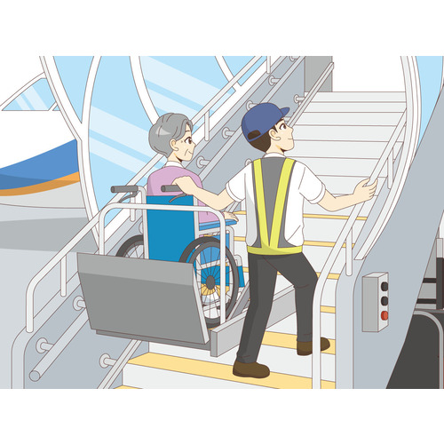 飛行機に乗る車椅子の女性高齢者（バリアフリー/福祉用具）のイラスト