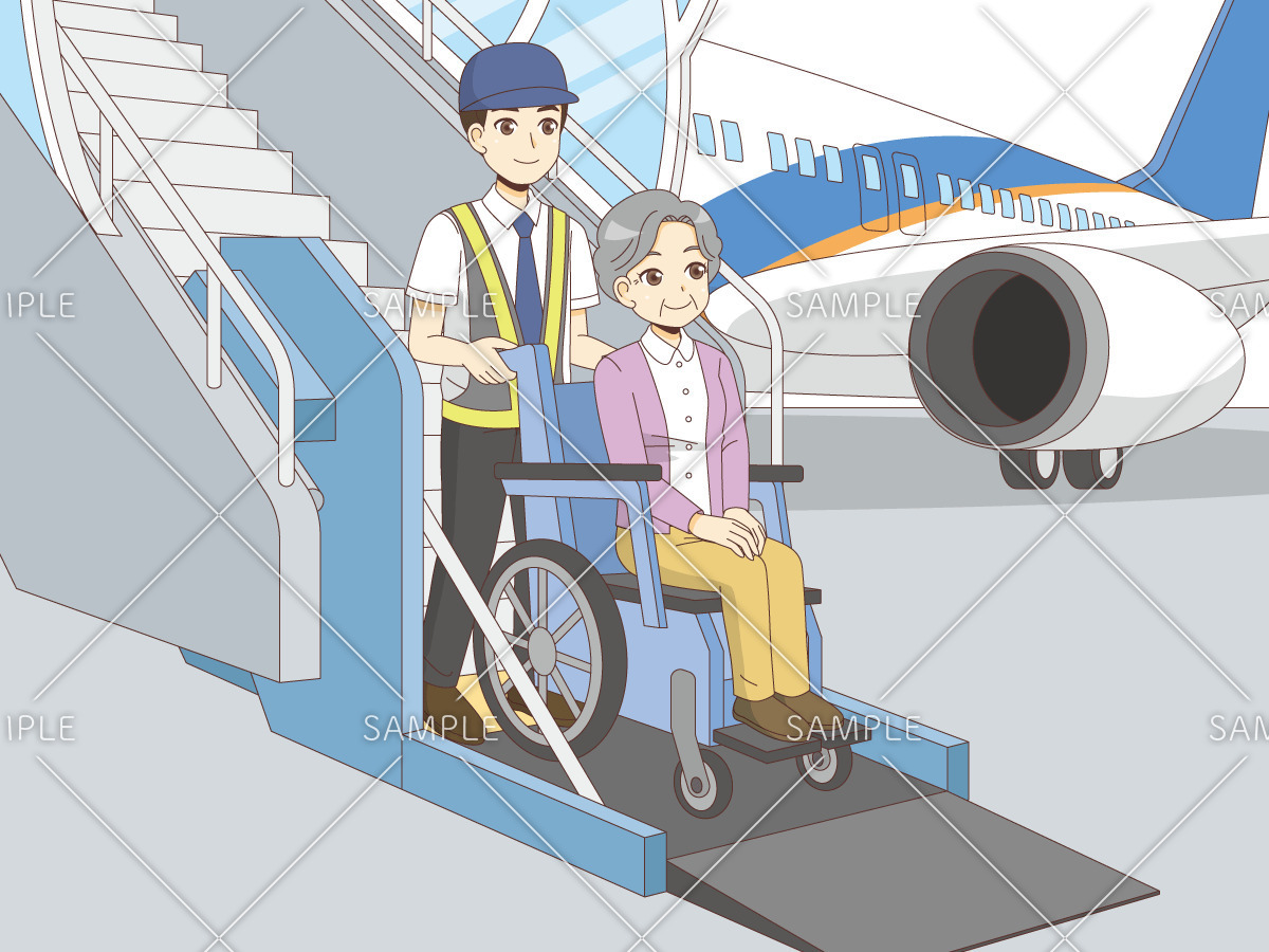 飛行機から降りる車椅子の女性高齢者（バリアフリー/福祉用具）のイラスト