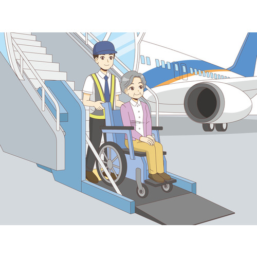 飛行機から降りる車椅子の女性高齢者（バリアフリー/福祉用具）のイラスト
