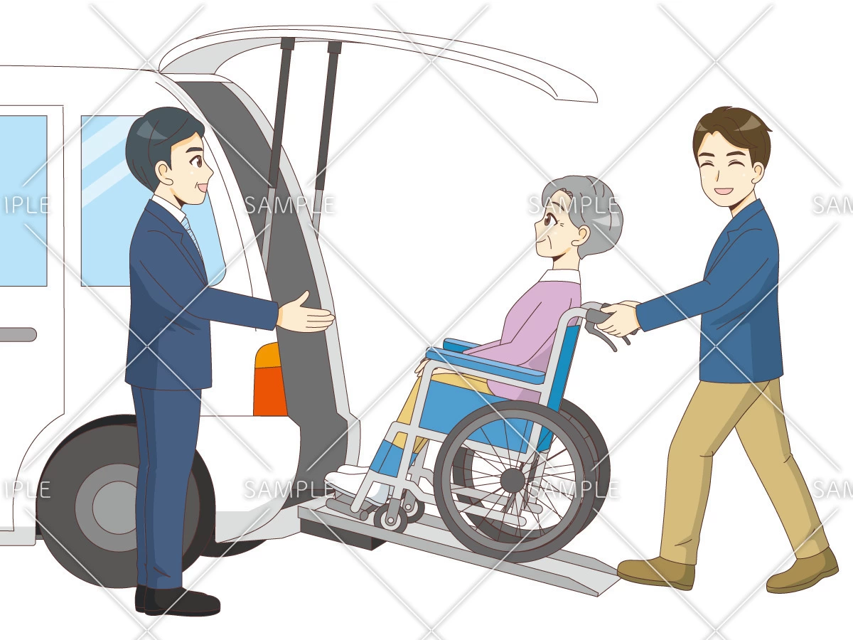 車椅子専用車両に乗る車椅子の女性高齢者（バリアフリー/福祉用具）のイラスト