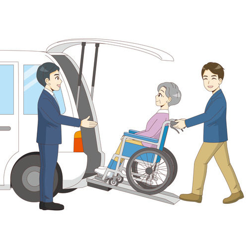 車椅子専用車両に乗る車椅子の女性高齢者（バリアフリー/福祉用具）のイラスト