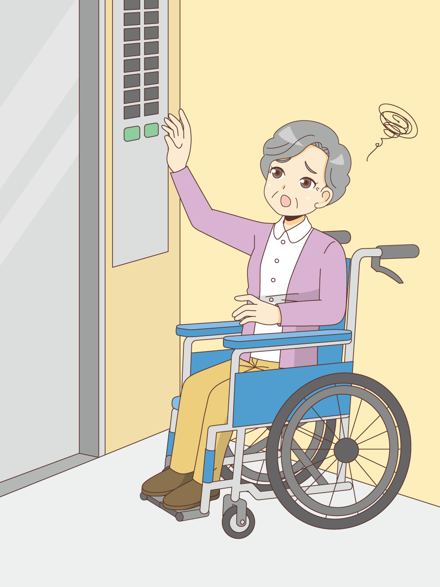エレベーターのボタンが押せず困っている女性高齢者 バリアフリー 福祉用具 の無料イラスト 介護アンテナ