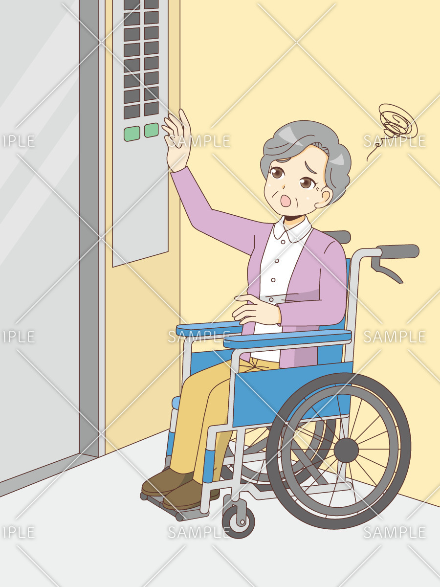 エレベーターのボタンが押せず困っている女性高齢者（バリアフリー/福祉用具）のイラスト