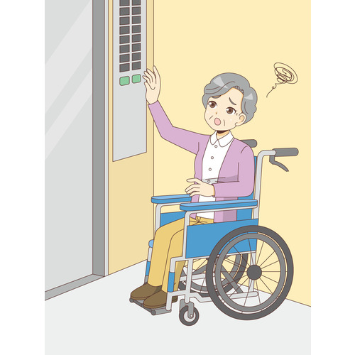 エレベーターのボタンが押せず困っている女性高齢者（バリアフリー/福祉用具）のイラスト