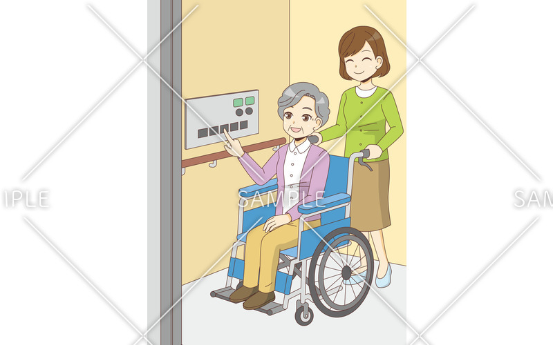 点字表示付車椅子対応エレベーターのボタンを押す女性高齢者 (バリア 点字表示付車椅子対応エレベーターのボタンを押す女性高齢者 (バリア