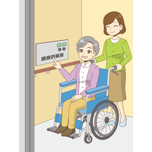 点字表示付車椅子対応エレベーターのボタンを押す女性高齢者（バリアフリー/福祉用具）のイラスト