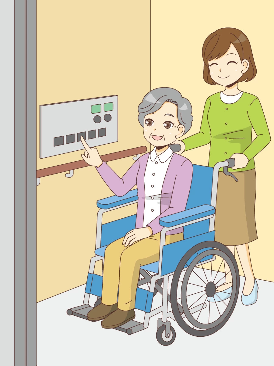 点字表示付車椅子対応エレベーターのボタンを押す女性高齢者 (バリア 点字表示付車椅子対応エレベーターのボタンを押す女性高齢者 (バリア