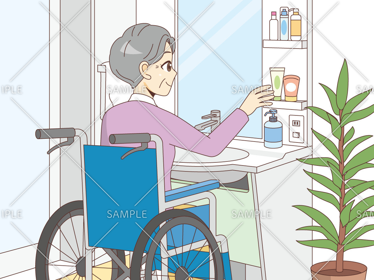 車椅子対応の洗面台を利用する女性高齢者（バリアフリー/福祉用具）のイラスト