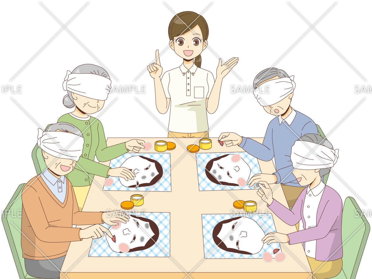 福笑いを楽しむ高齢者（レク・イベント/介護・生活）のイラスト