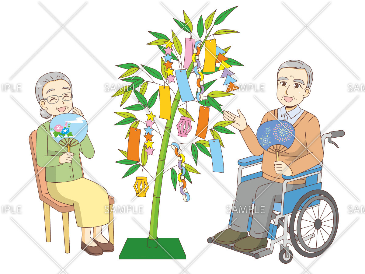 介護施設で七夕を楽しむ高齢者（レク・イベント/介護・生活）のイラスト