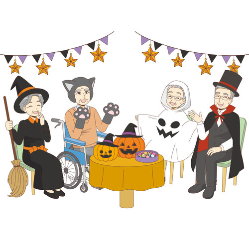 介護施設でハロウィンを楽しむ高齢者（レク・イベント/介護・生活）のイラスト