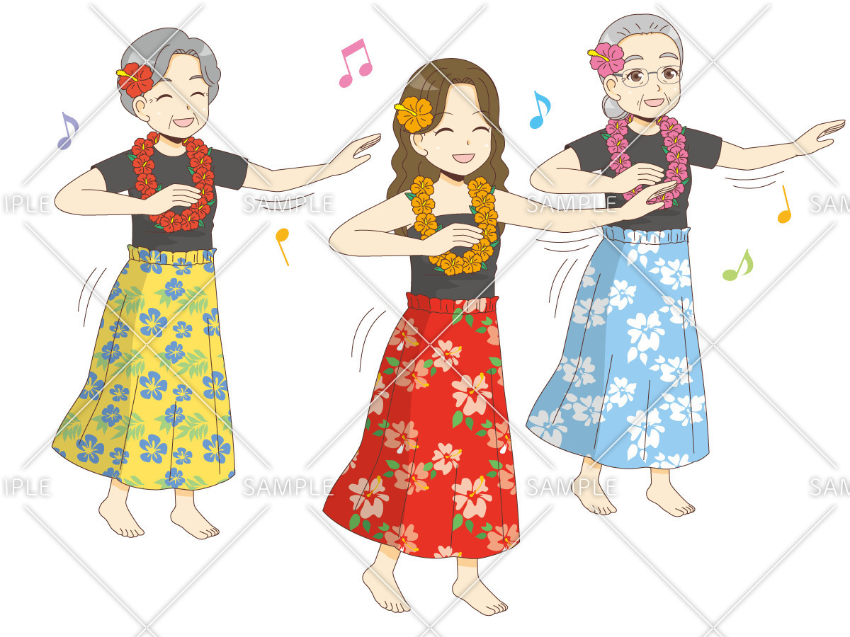フラダンスを楽しむ女性高齢者（レク・イベント/介護・生活）のイラスト