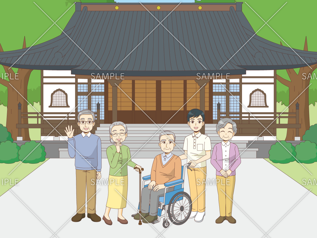 お寺への外出レクリエーション（レク・イベント/介護・生活）のイラスト