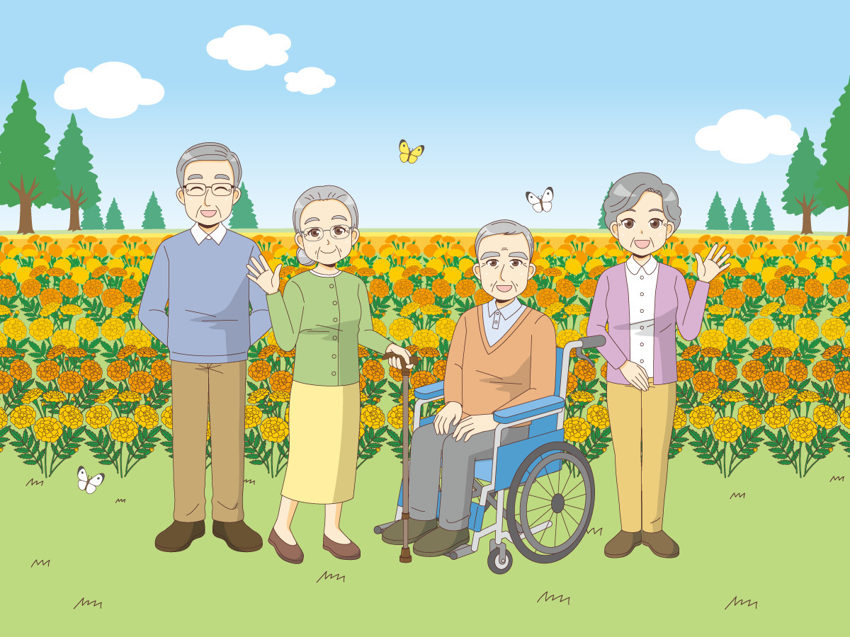 花畑への外出レクリエーション レク イベント 介護 生活 の無料イラスト 介護アンテナ