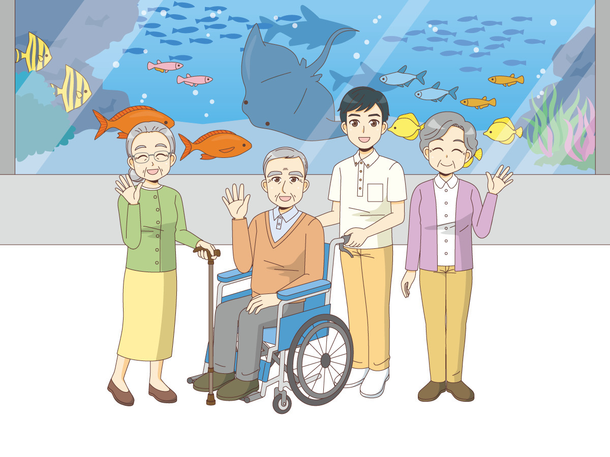 水族館への外出レクリエーション レク イベント 介護 生活 の無料イラスト 介護アンテナ