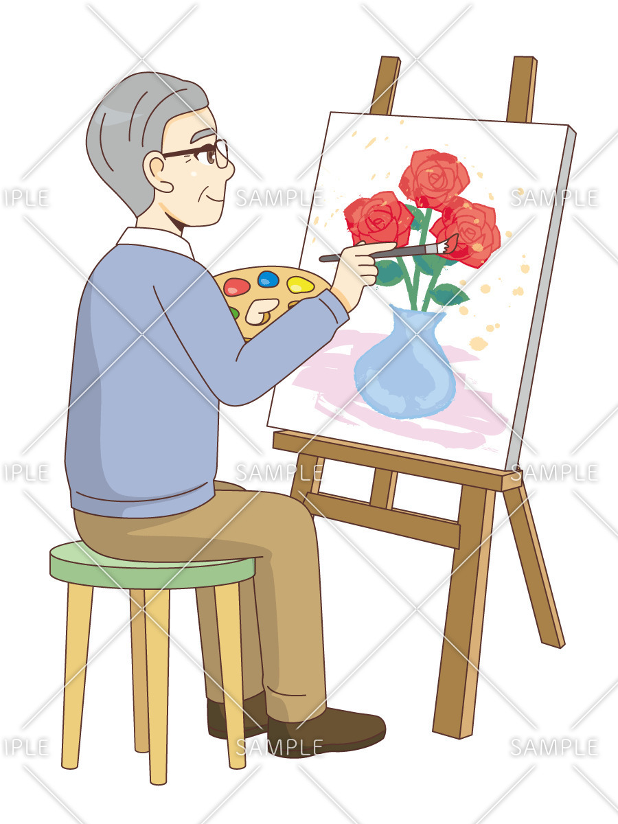 油絵を楽しむ男性高齢者（レク・イベント/介護・生活）のイラスト