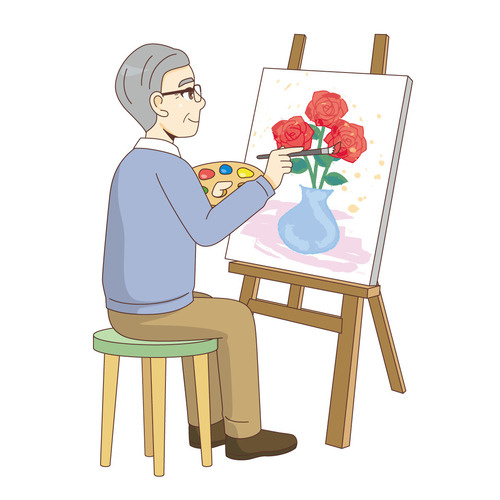 油絵を楽しむ男性高齢者（レク・イベント/介護・生活）のイラスト