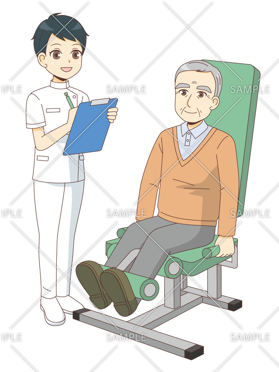 レッグカールでリハビリテーションを行う男性高齢者（リハビリ/介護・生活）のイラスト