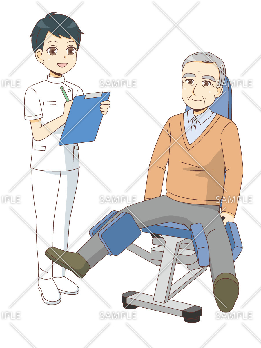 ヒップアブタクションでリハビリテーションを行う男性高齢者（リハビリ/介護・生活）のイラスト