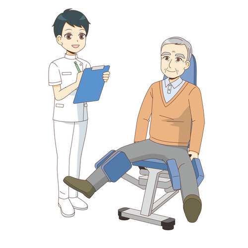 ヒップアブタクションでリハビリテーションを行う男性高齢者（リハビリ/介護・生活）のイラスト