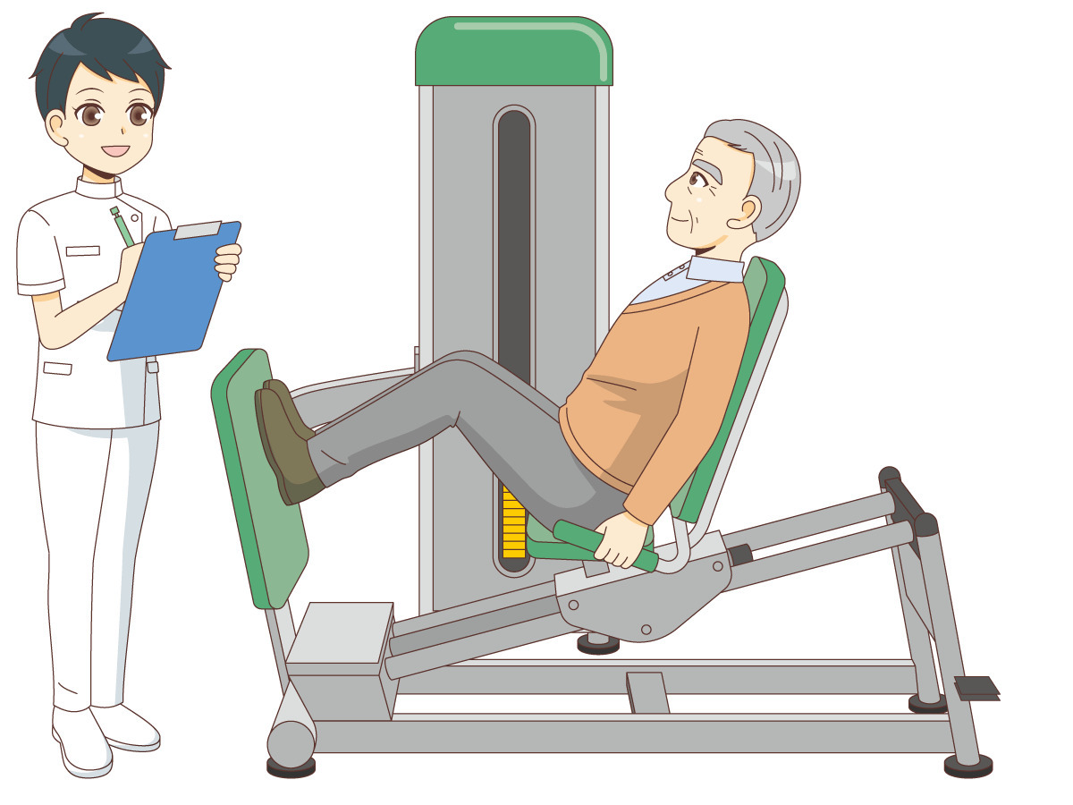 レッグプレスでリハビリテーションを行う男性高齢者 リハビリ 介護 生活 の無料イラスト 介護アンテナ