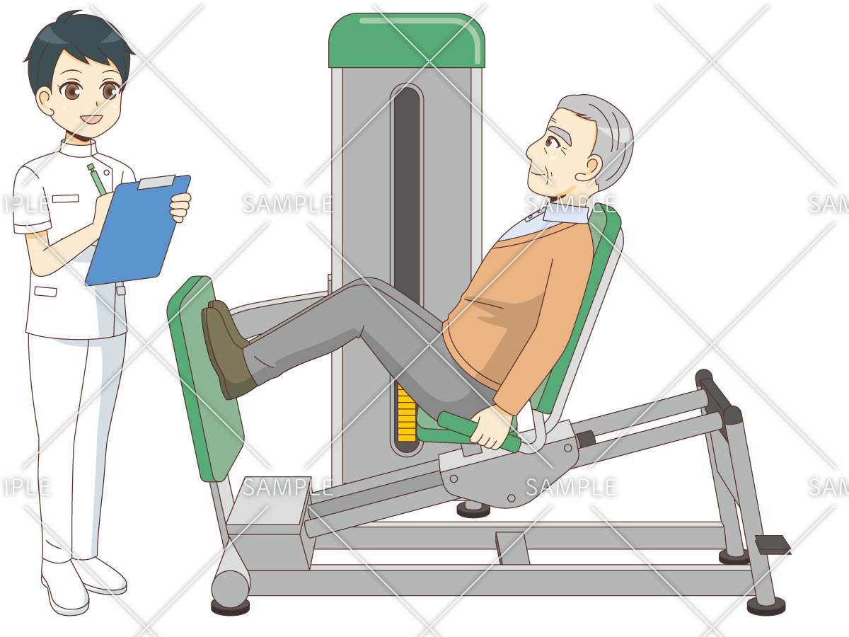 レッグプレスでリハビリテーションを行う男性高齢者（リハビリ/介護・生活）のイラスト