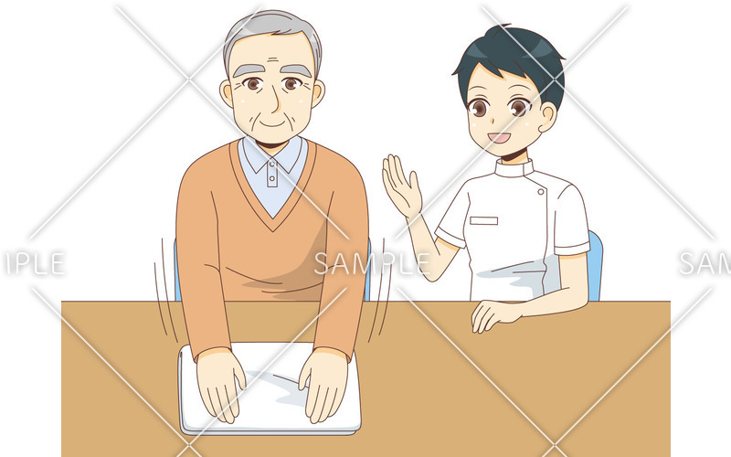 タオルワイピングで上肢機能のリハビリテーションを行う男性高齢者