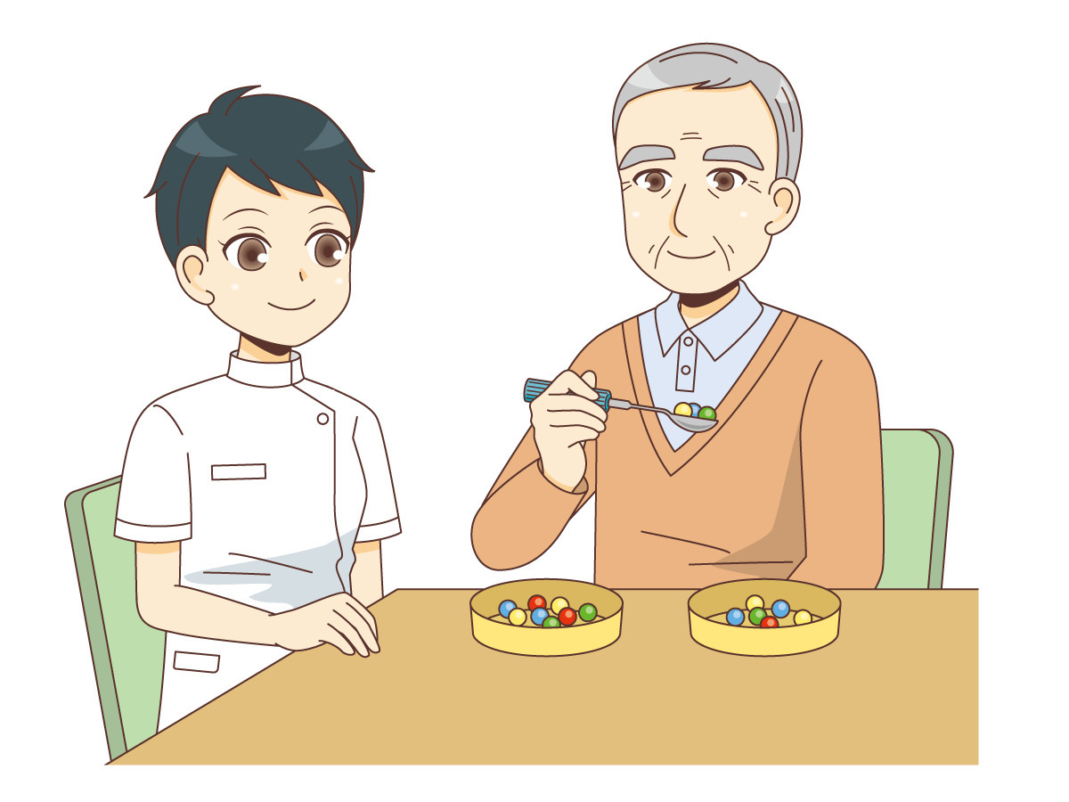 食事動作のリハビリテーションを行う男性高齢者 リハビリ 介護 生活 の無料イラスト 介護アンテナ