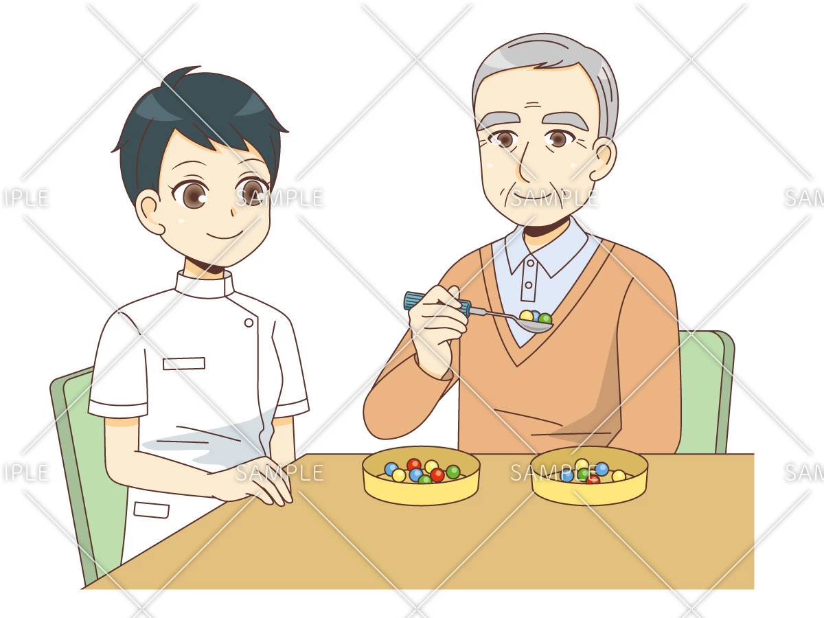食事動作のリハビリテーションを行う男性高齢者（リハビリ/介護・生活）のイラスト