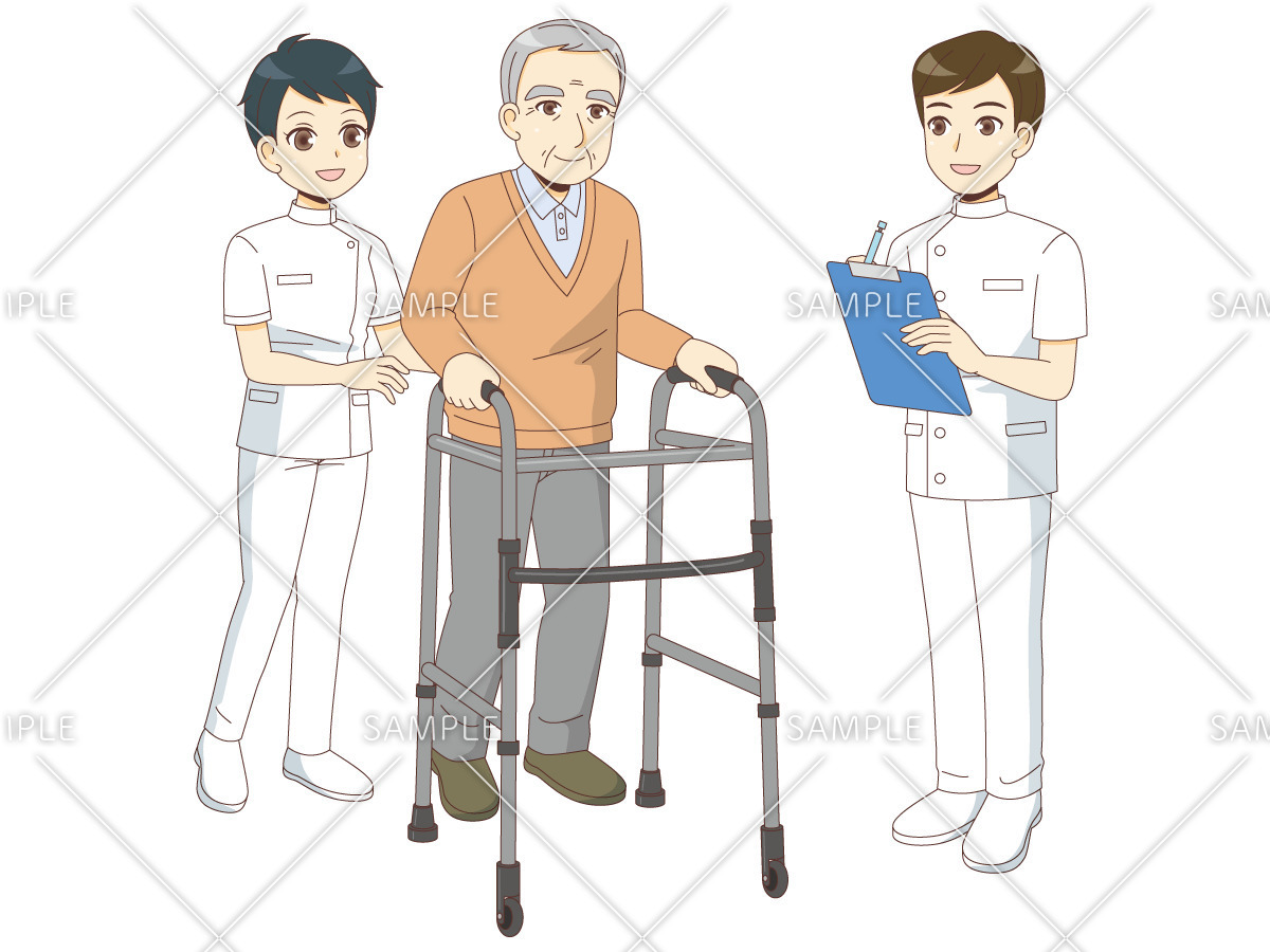 歩行器を使ってリハビリテーションを行う男性高齢者（リハビリ/介護・生活）のイラスト