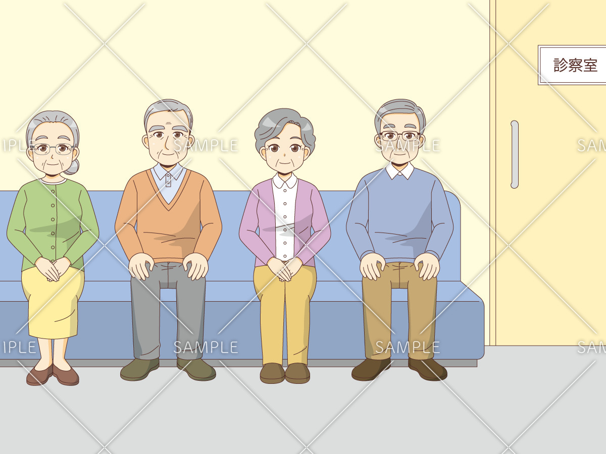 病院の待合室で順番を待つ高齢者（病院・入院・退院/医療・病気）のイラスト