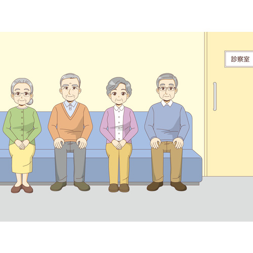 病院の待合室で順番を待つ高齢者（病院・入院・退院/医療・病気）のイラスト