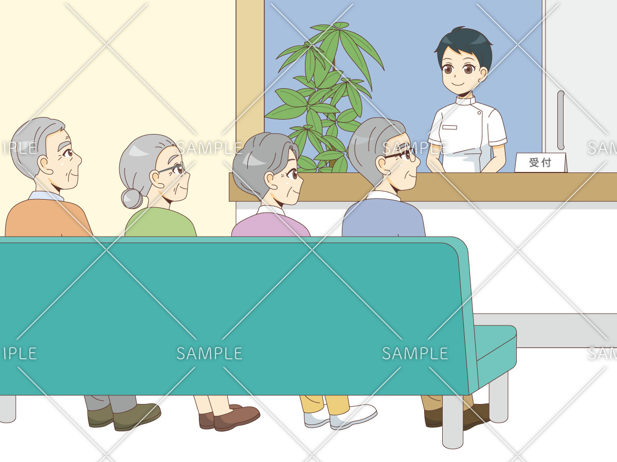 病院の受付で順番を待つ高齢者（病院・入院・退院/医療・病気）のイラスト