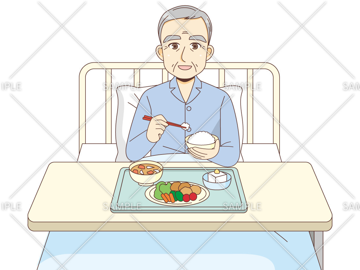 入院中に食事を摂る男性高齢者（病院・入院・退院/医療・病気）のイラスト