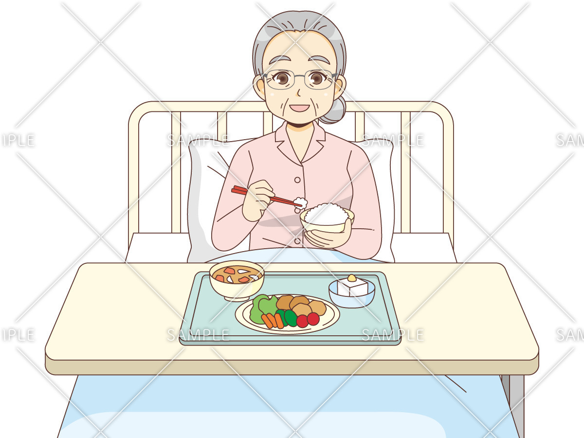 入院中に食事を摂る女性高齢者（病院・入院・退院/医療・病気）のイラスト