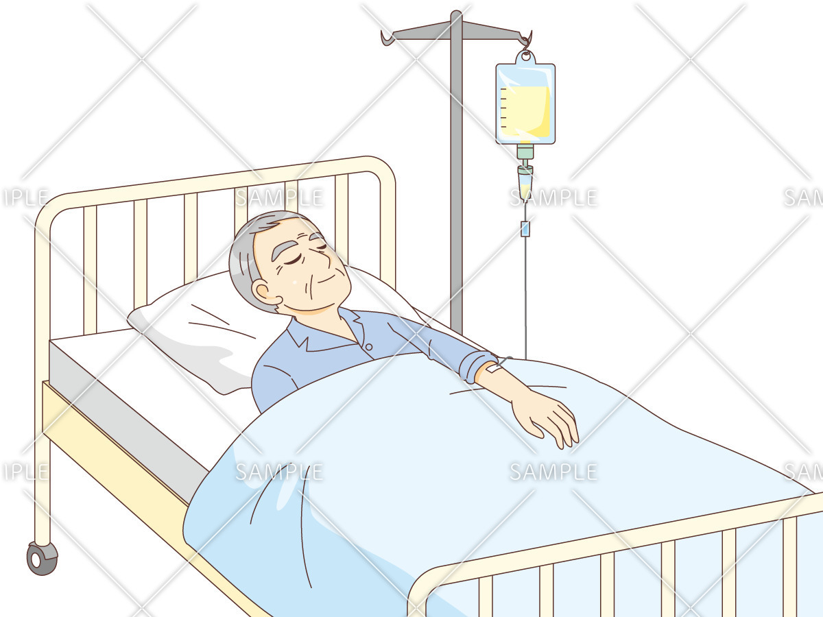 ベッドで点滴中の男性高齢者（病院・入院・退院/医療・病気）のイラスト
