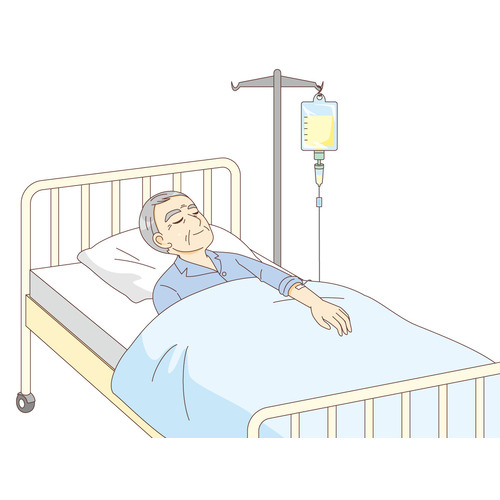 ベッドで点滴中の男性高齢者（病院・入院・退院/医療・病気）