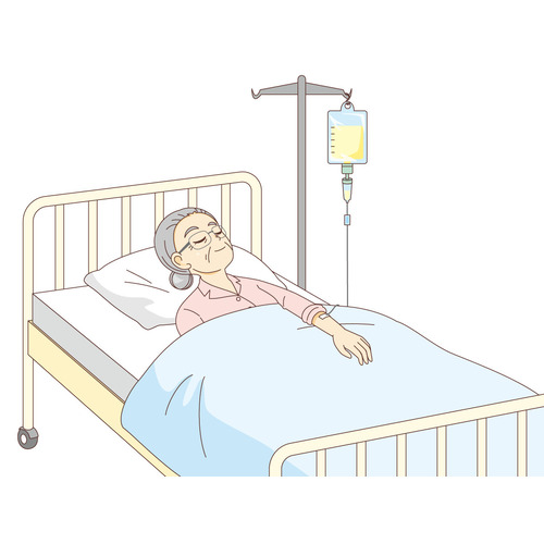 ベッドで点滴中の女性高齢者（病院・入院・退院/医療・病気）のイラスト