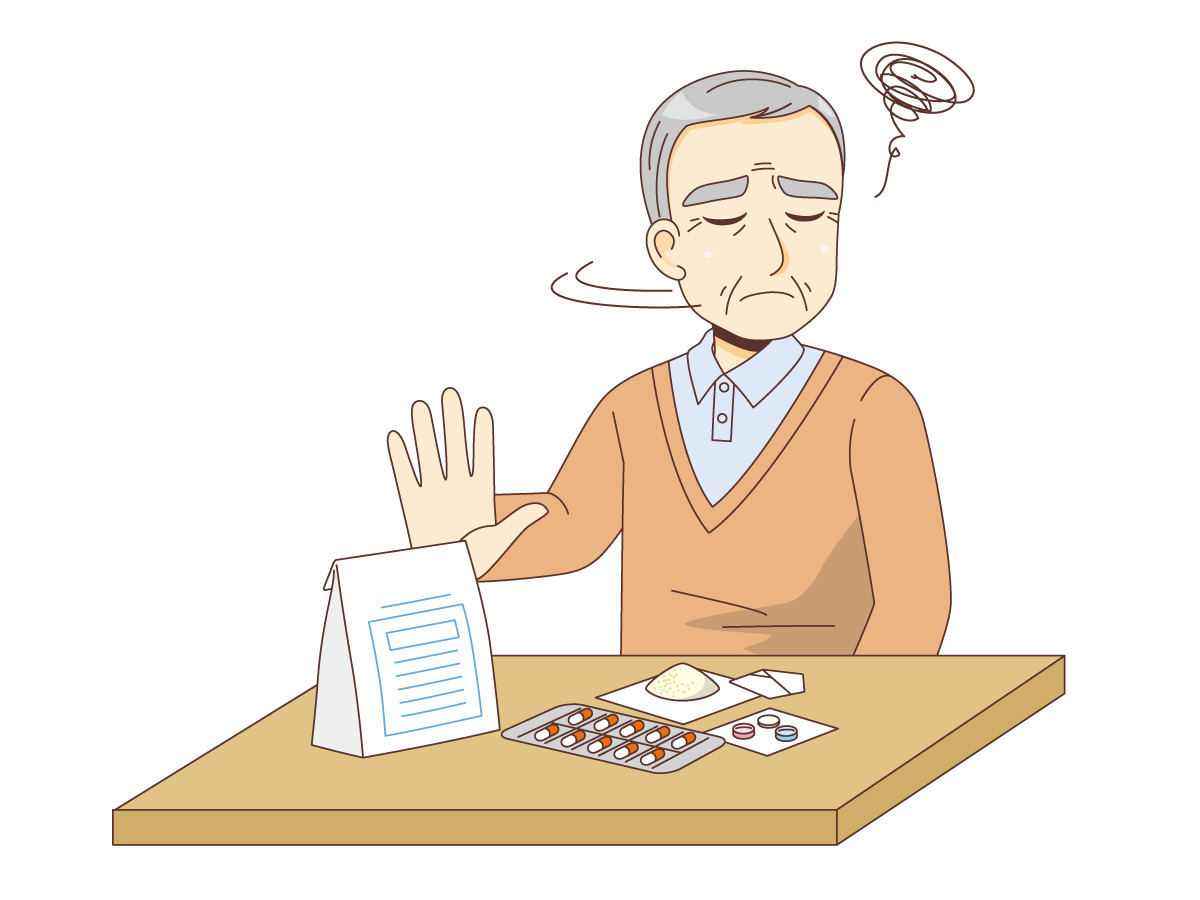 服薬を嫌がる男性高齢者（薬・服薬/介護・生活）の無料イラスト | 介護アンテナ