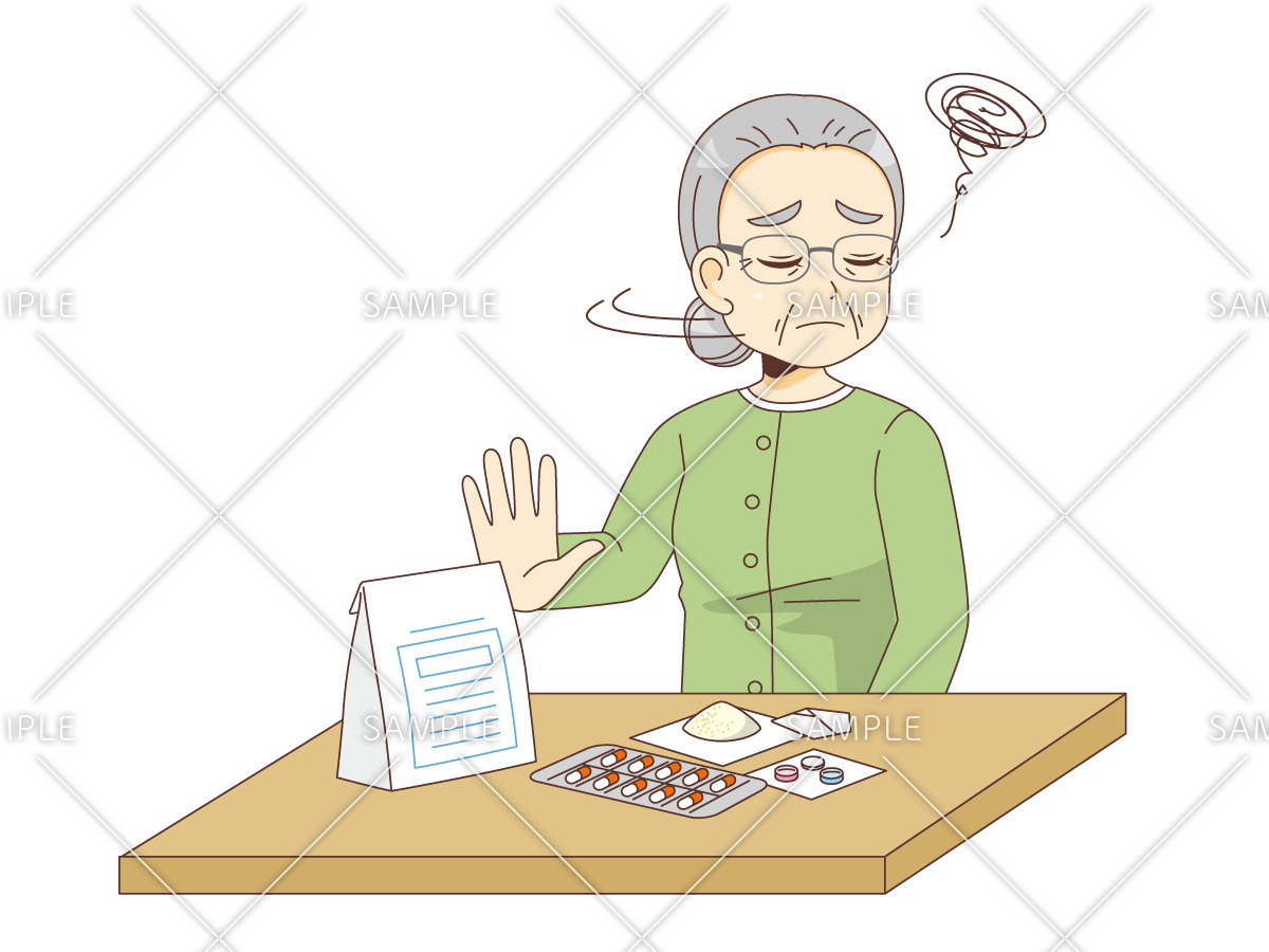 服薬を嫌がる女性高齢者（薬・服薬/介護・生活）のイラスト