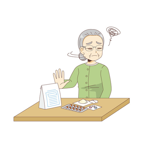 服薬を嫌がる女性高齢者（薬・服薬/介護・生活）のイラスト